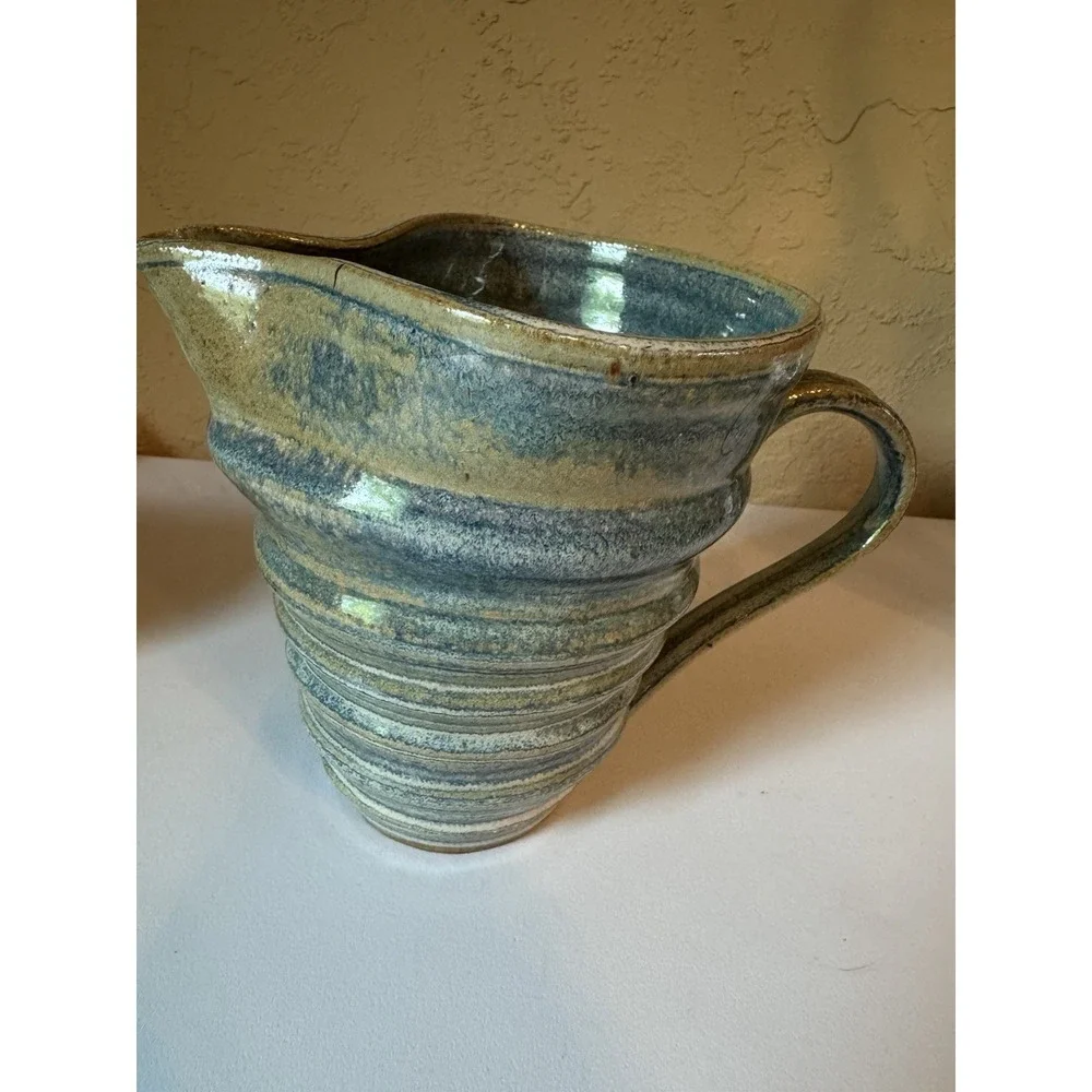 Signed Studio Art Pottery Pitcher Blue Green Earth Tone Glaze 2003 Jug